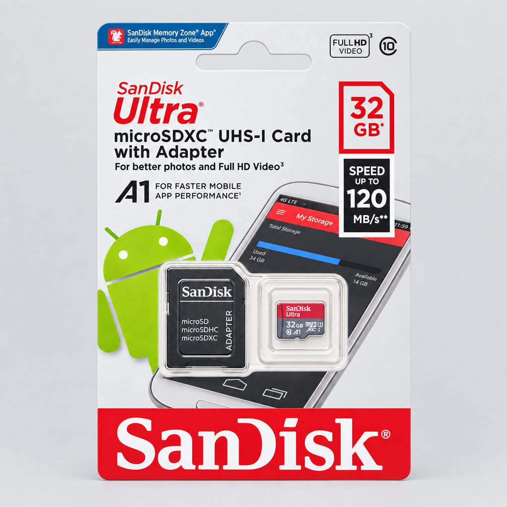 Sandisk Ultra 32GB microSDXC UHS-1 card with adapter in its original retail packaging, featuring a red SanDisk logo and product details on a white background.