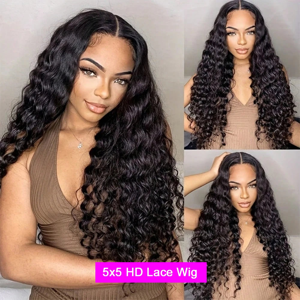 Woman with long, wavy hair styled in a 5x5 HD lace wig, with close-up shots of the wig.