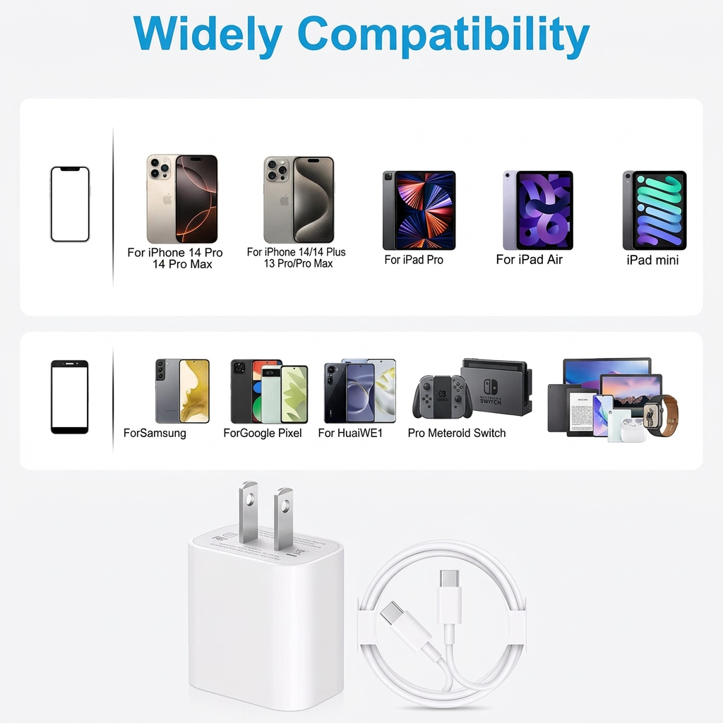 Compatibility chart for electronic devices including smartphones, tablets, and gaming consoles with a power adapter and cable.