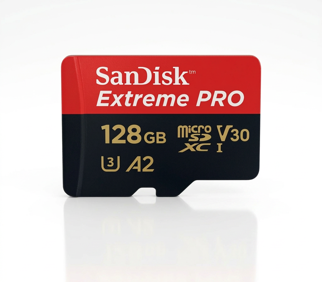 A SanDisk Extreme PRO 128GB microSDXC card shown on a plain white background, with the SanDisk logo in red at the top left.