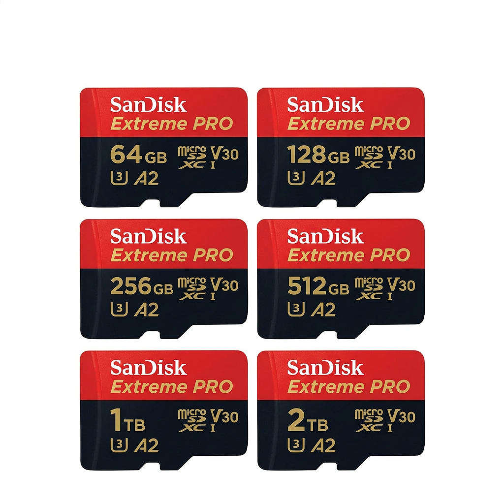 Six SanDisk Extreme PRO microSD cards in different capacities (2TB, 64GB, 128GB, 256GB, 512GB, and 1TB) arranged in a grid on a white background.