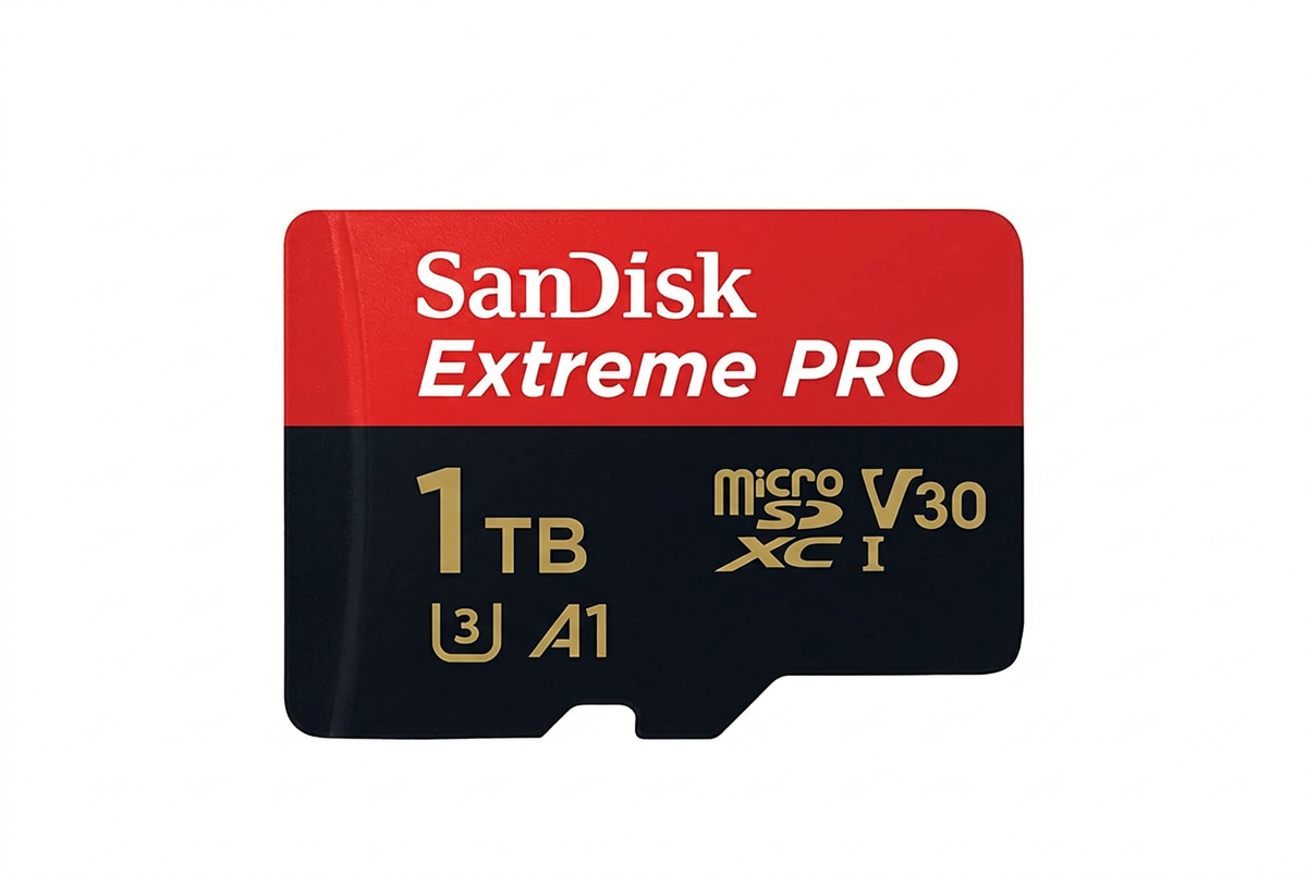 A SanDisk Extreme PRO 1TB microSD card shown on a plain white background, with the SanDisk logo in red at the top left.