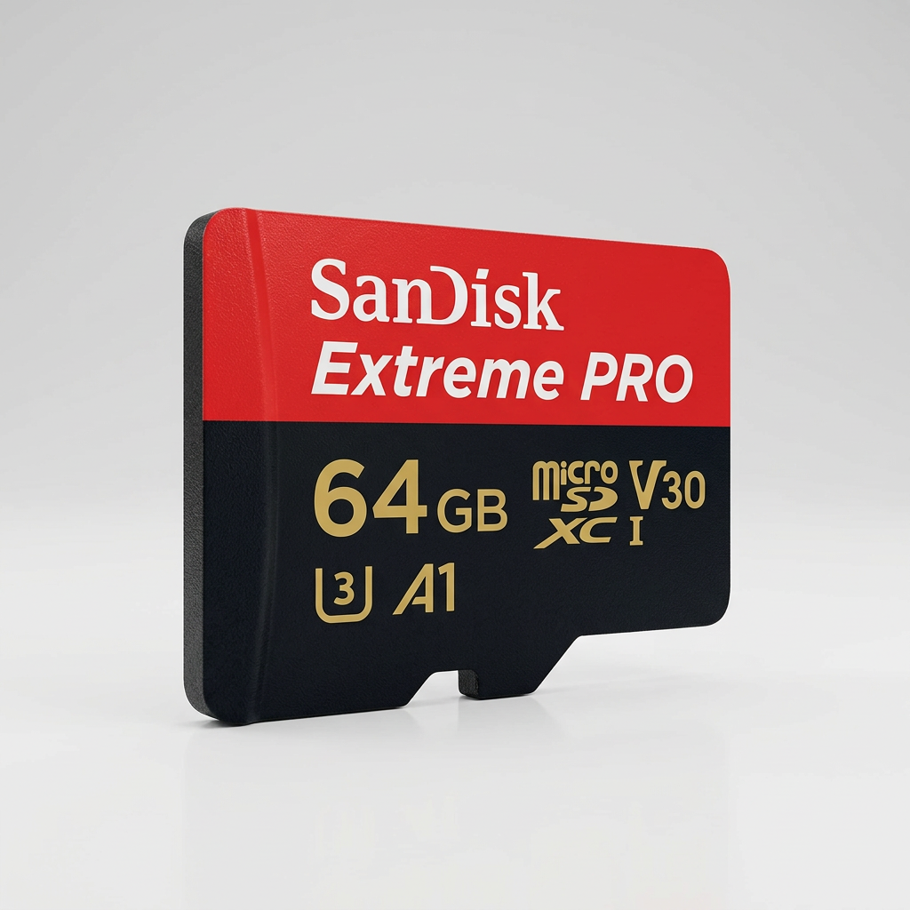 A SanDisk Extreme PRO 64GB microSD card shown on a plain white background, with the SanDisk logo in red at the top left.