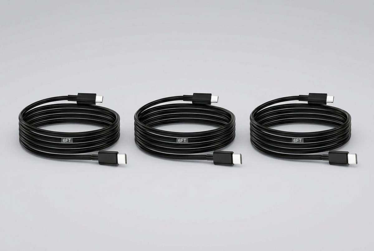 Three black fast charging wall adapters and three matching USB-C to USB-C cables arranged in a grid on a white background.