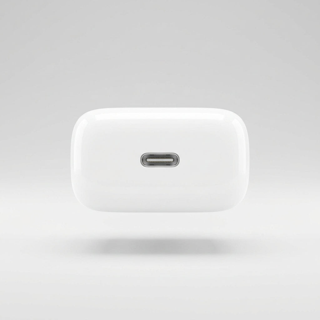 A white rectangular USB-C charging adapter with rounded corners and a centered USB-C port, shown on a clean white background.