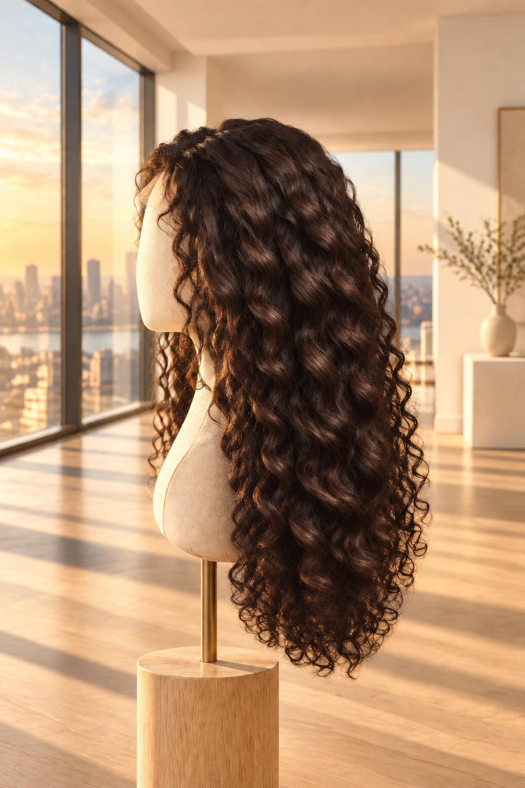 Long, voluminous black curly wig displayed on a mannequin head mounted on a wooden stand against a light patterned wall.