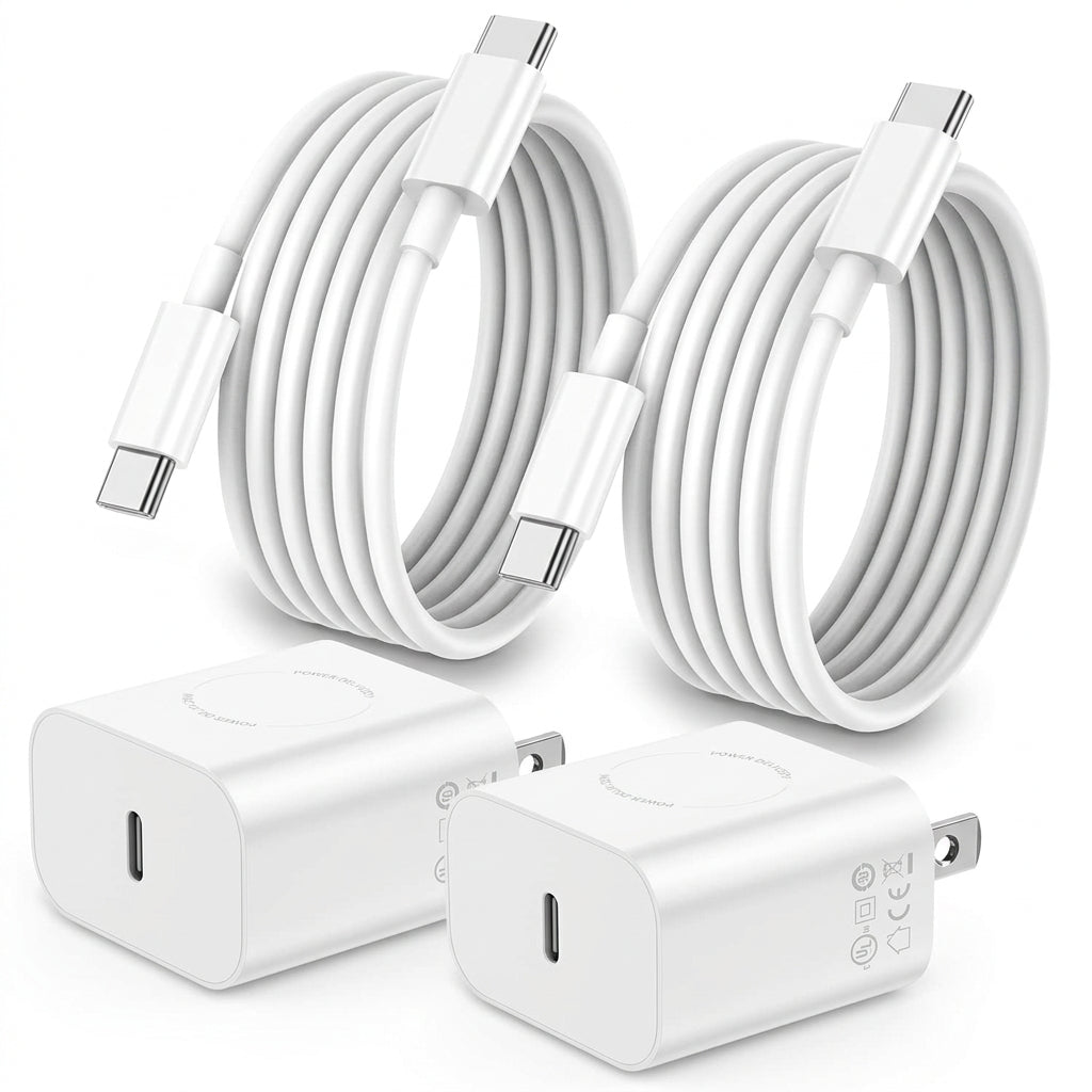 Two white charging cables and two white power adapters on a white background