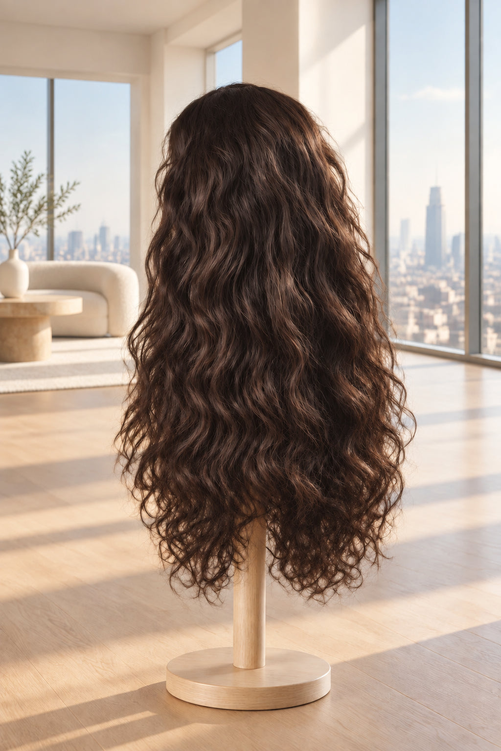 A long, dark brown to near-black wavy wig displayed on a wooden stand against a white textured wall.