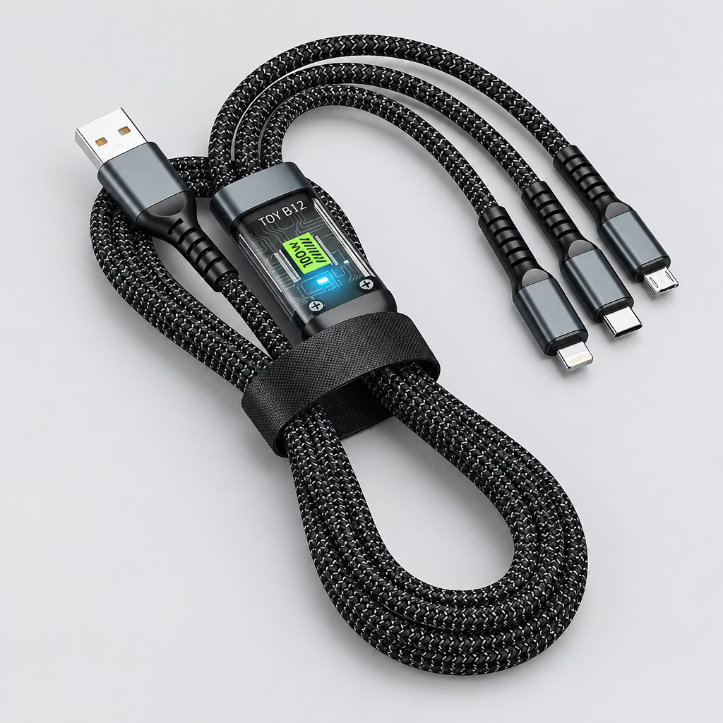 Multi-device charging cable with digital display on a light gray background