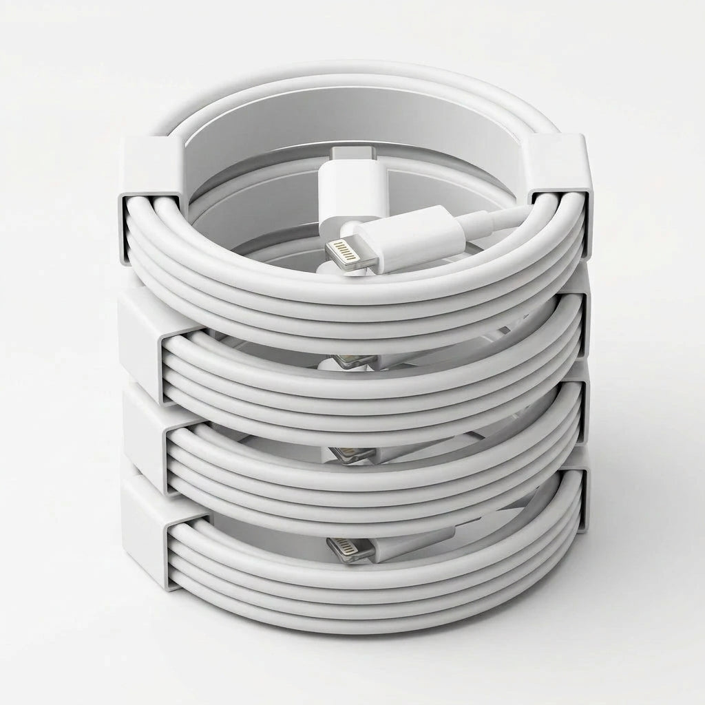 A white coiled Lightning cable with a USB-C connector on one end and a Lightning connector on the other, shown on a plain white background.
